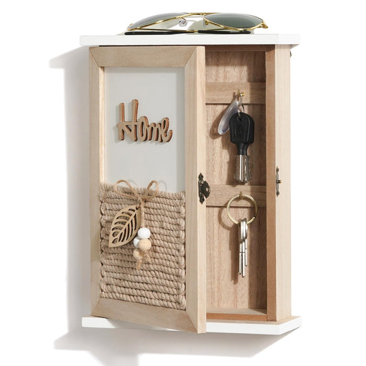 Rustic Wood Key Box with 6 Hooks and Hidden Door, Jute Rope Accent