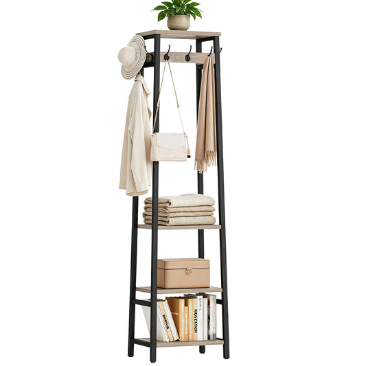 Hall Tree Coat Stand, 7 Hooks, 3 Tier Shelves, Greige and Black