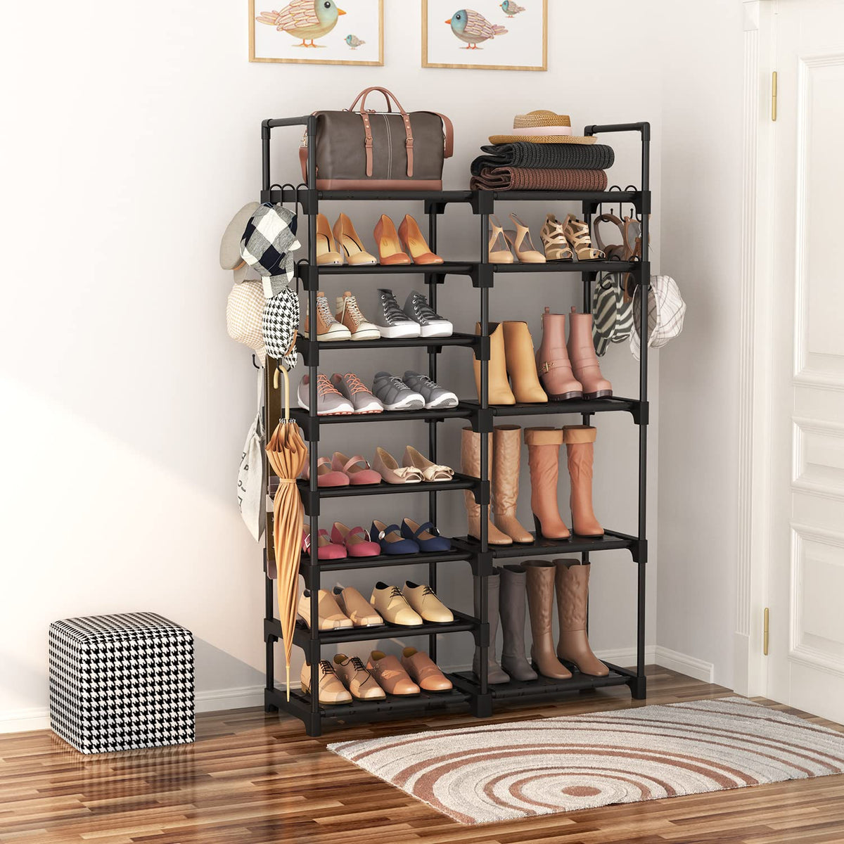 8-Tier Metal Shoe Rack for 26-32 Pairs with 15 Hooks, Tall Stackable Shoe Shelf