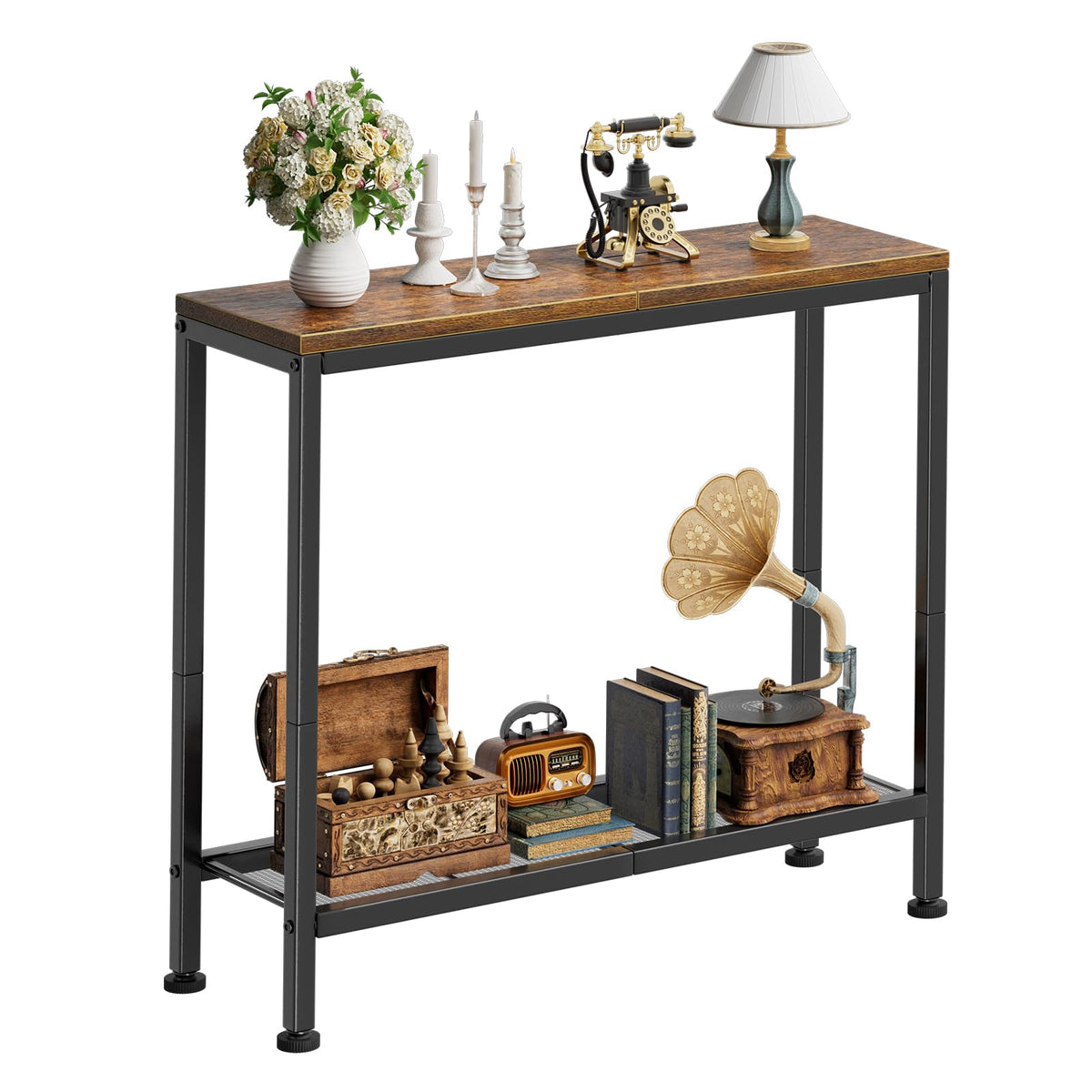 32 Inch Console Table with Mesh Storage Shelf, Brown Wood Top