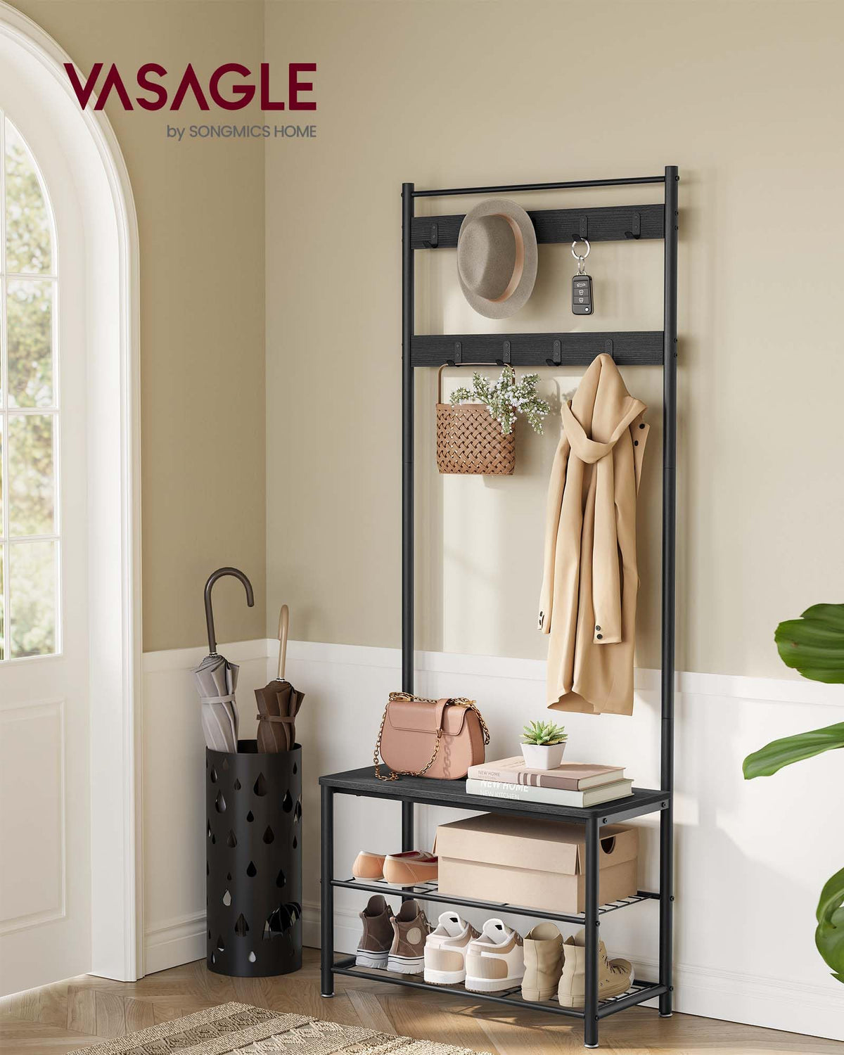 3 in 1 Hall Tree with Shoe Bench and 9 Hooks, Charcoal Gray