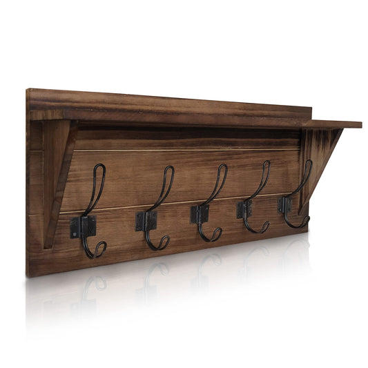 Rustic Brown Pine Wall Coat Rack with Shelf, 5 Hooks, 24 Inch