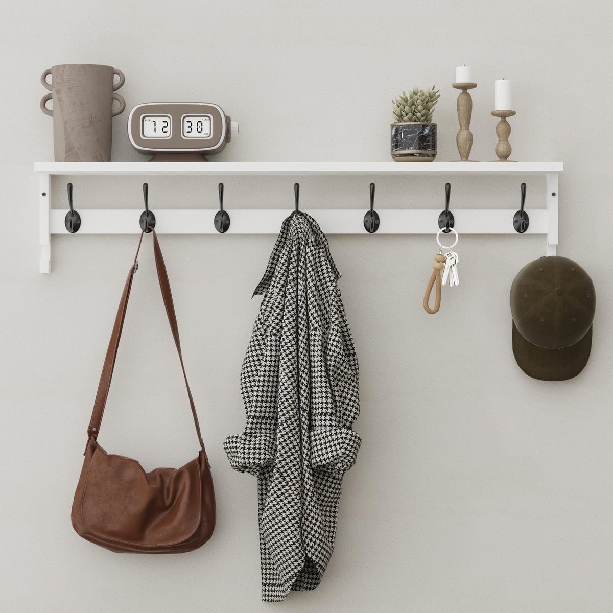 White Wall Coat Rack with Shelf, 35 Inch, 7 Dual Hooks Plus 2 Side