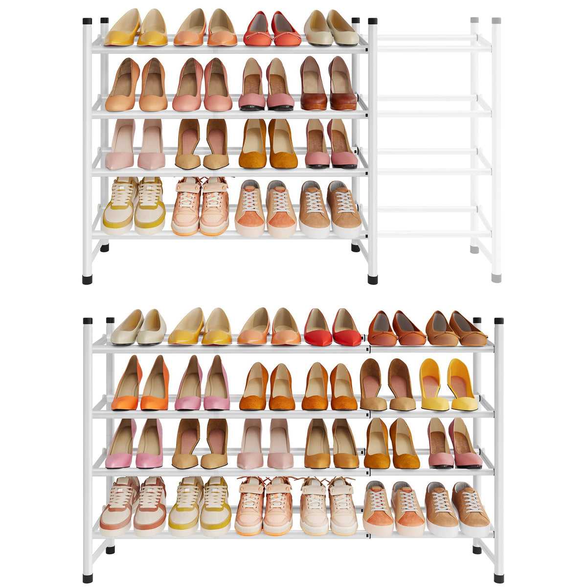 White Adjustable Shoe Shelf, 4 Tier Metal, 29.1 to 41.5 Inch Wide