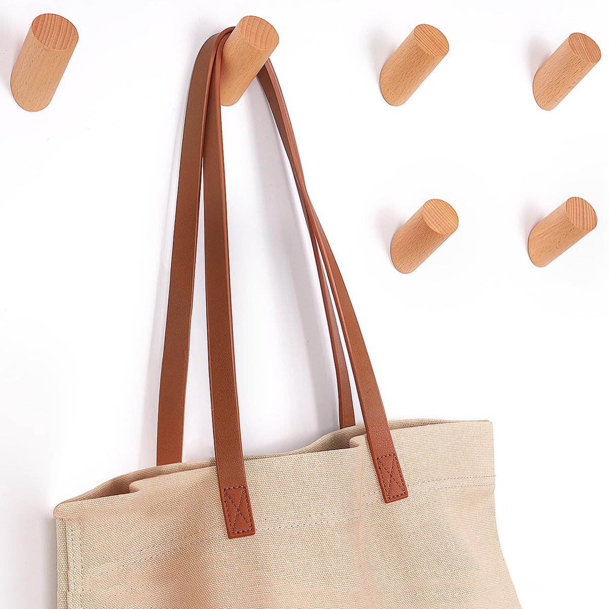 Beech Wood Wall Pegs, 6 Pack, Angled Coat and Towel Hooks