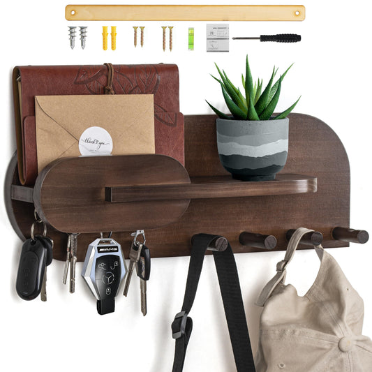 Pine Wood Mail and Key Holder with Shelf, 4 Hooks and 4 Pegs, Walnut Brown