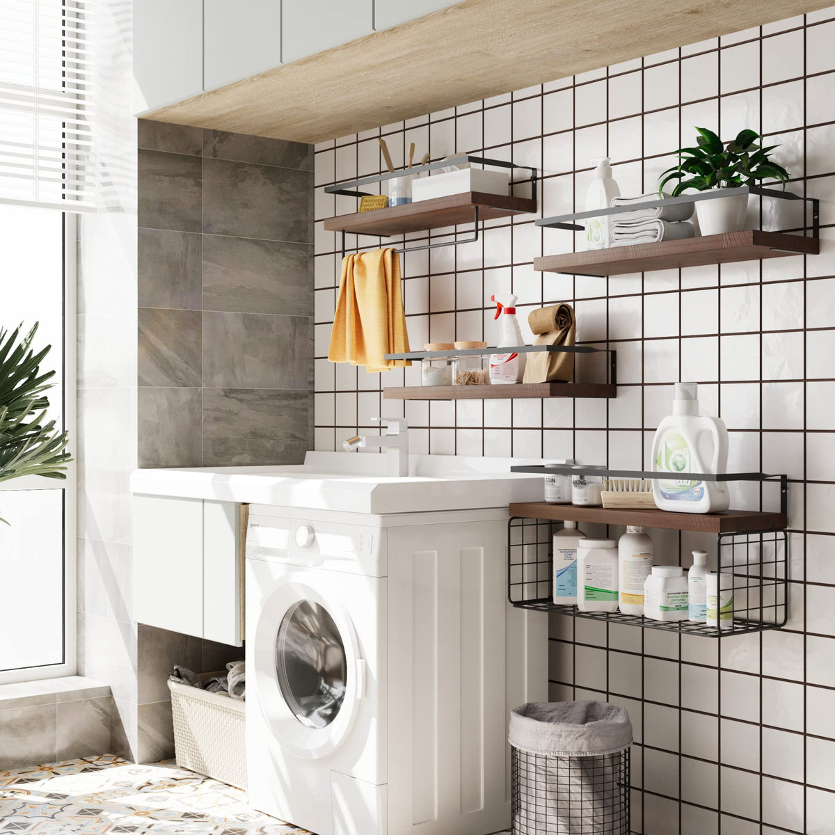 Dark Brown Bathroom Wall Shelf Set of 4 with Wire Basket and Towel Bar