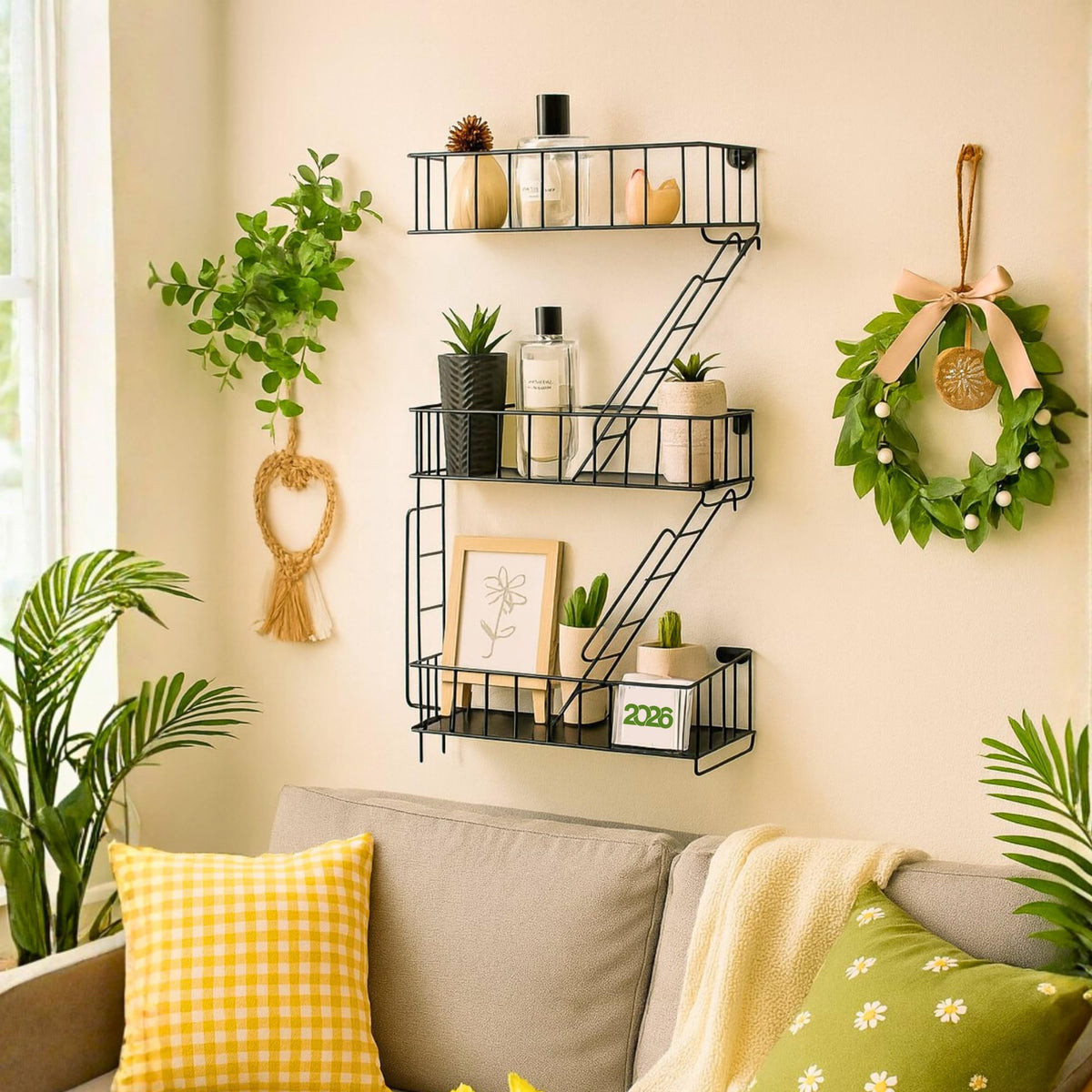 3 Tier Black Metal Wall Shelf, Fire Escape Ladder Style, 26 Inch