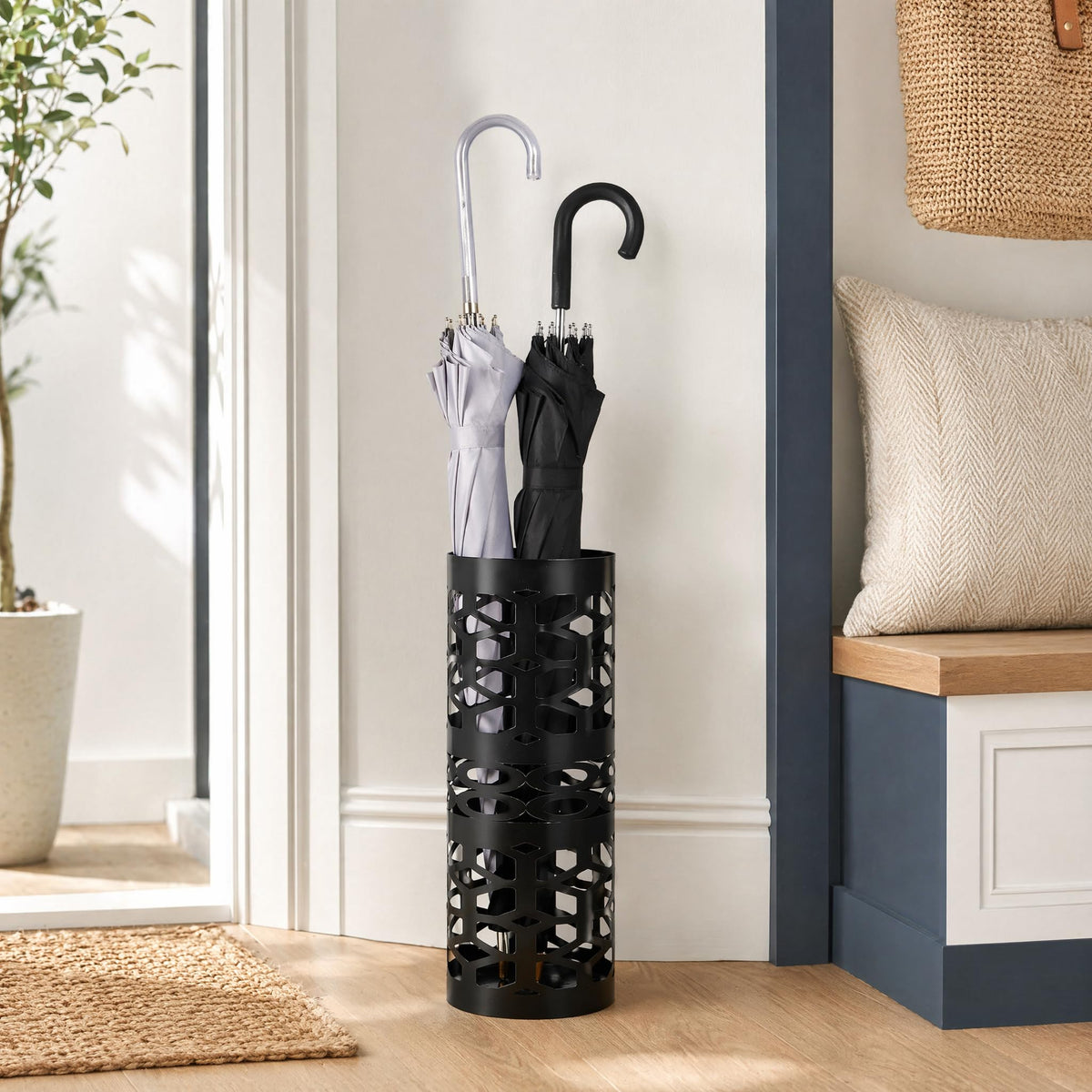 Round Black Metal Umbrella Holder, 15.7 Inch, Cut-Out Pattern