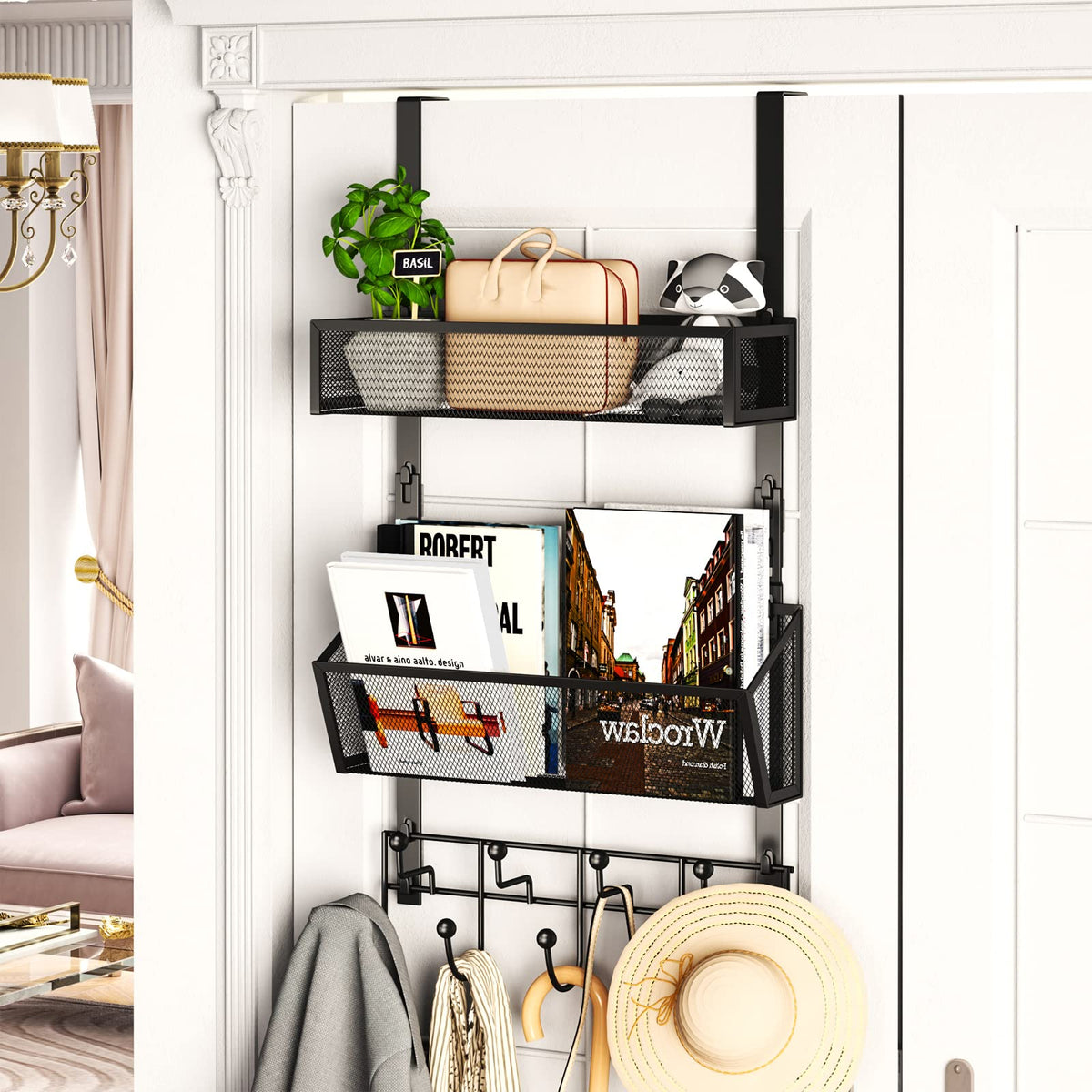 Black Over the Door Organizer, 9 Hooks and 2 Baskets, 304 Stainless Steel