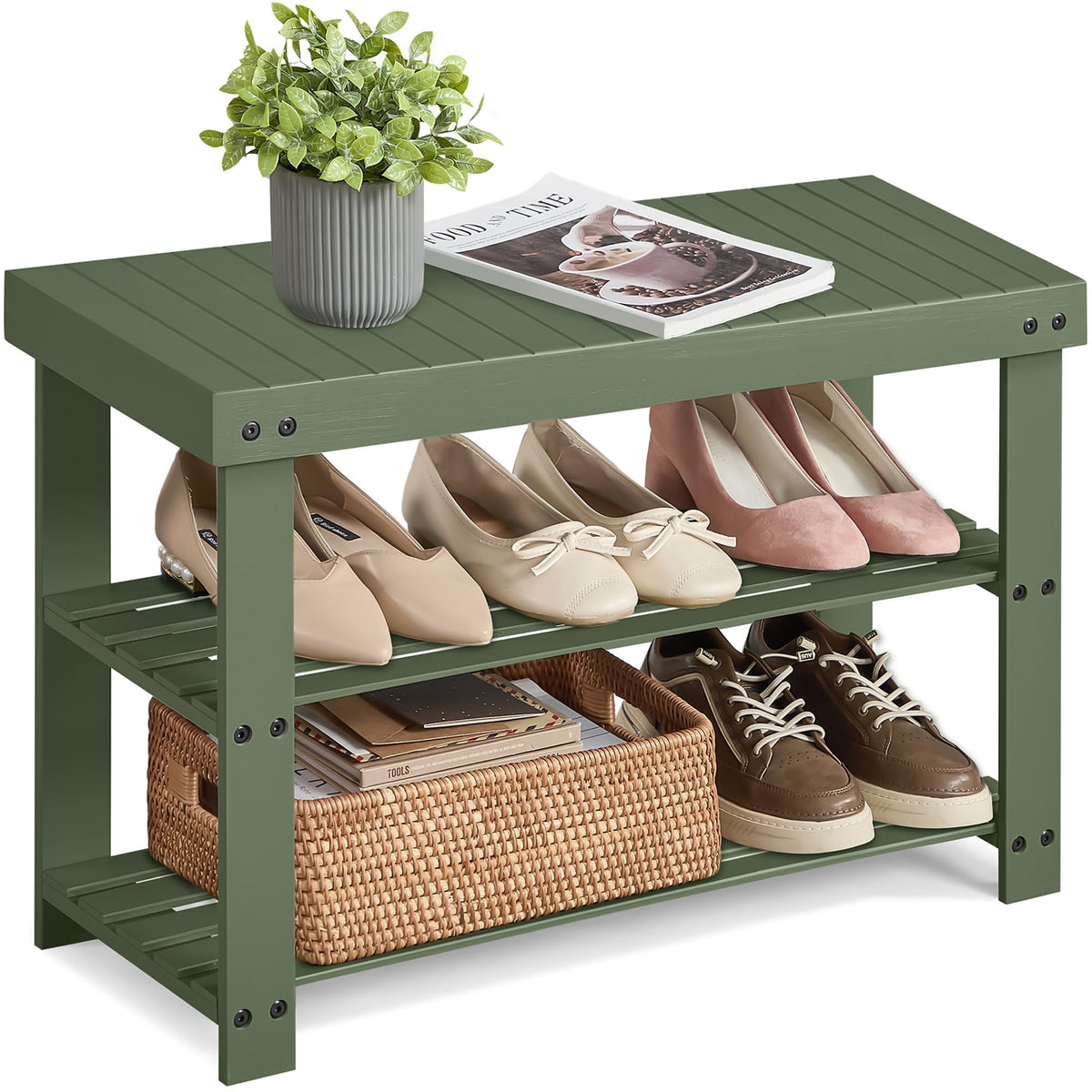 Forest Green Bamboo Shoe Rack Bench, 3 Tier, 27.6 Inch