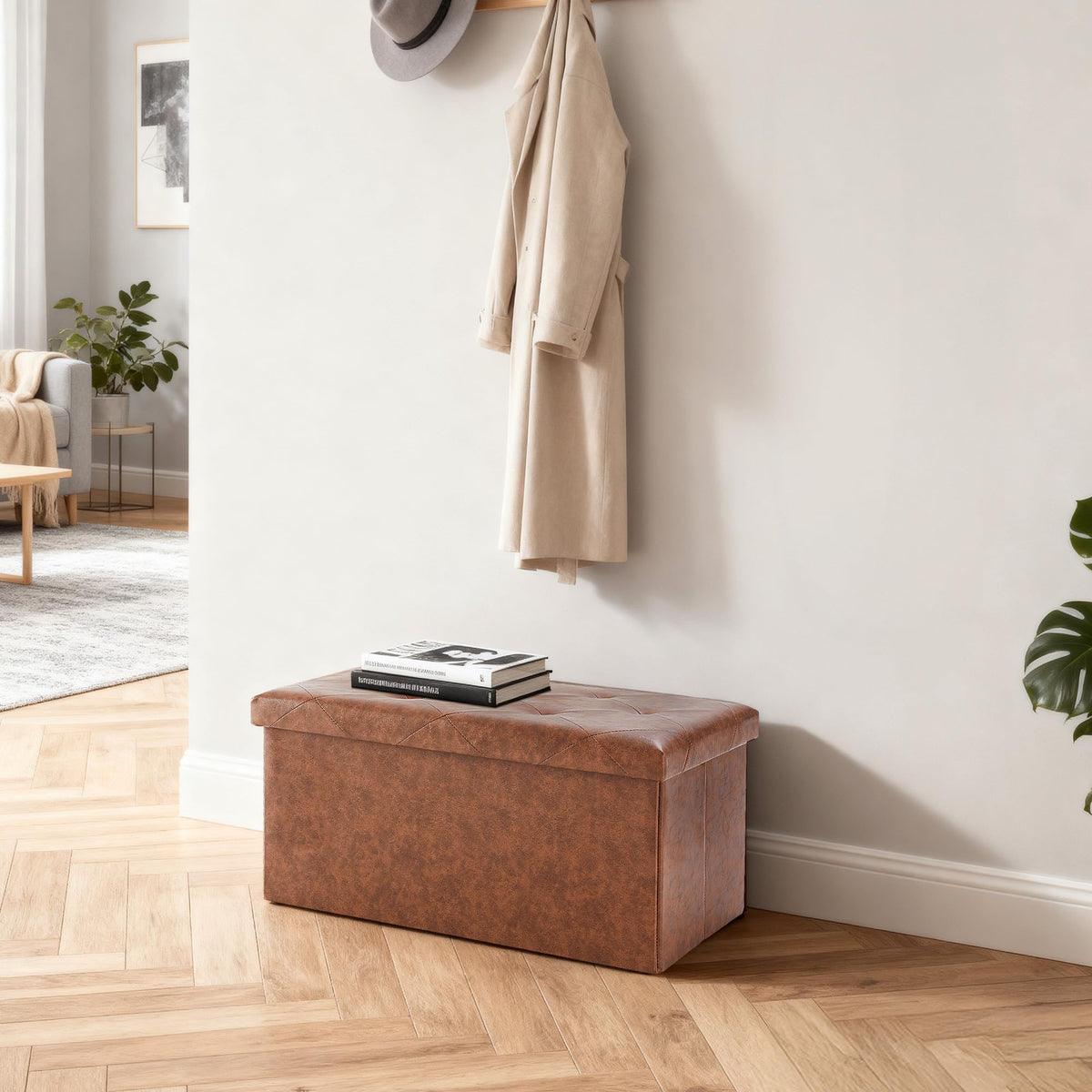 Brown Faux Leather Folding Ottoman, 30 Inch Storage Bench
