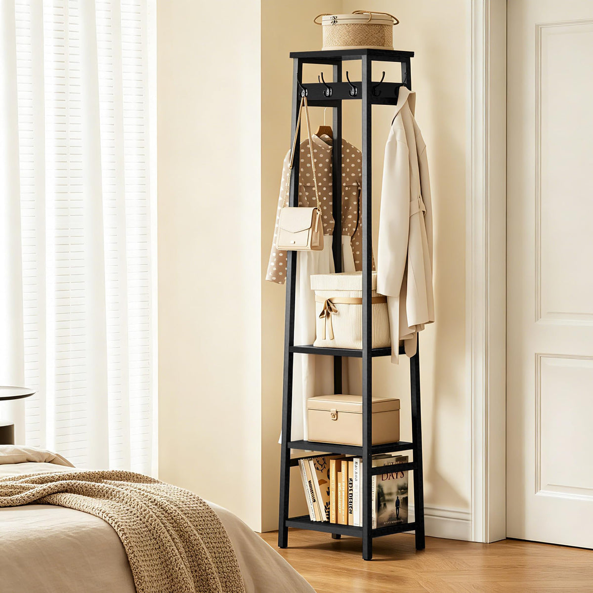 Black Coat Rack Stand with 3 Shelves and 7 Hooks, 70.8 Inch Tall