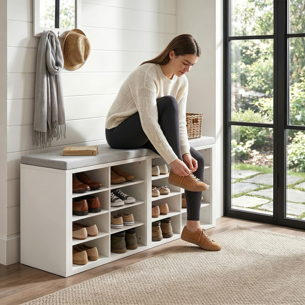 Shoe Storage Bench with 16 Cubbies and Cushion, White and Gray