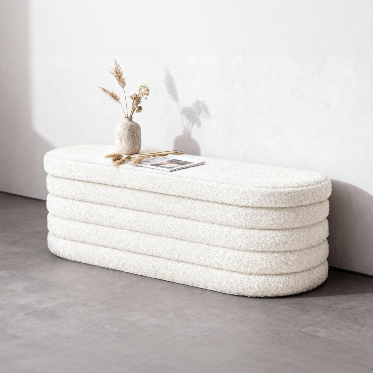 Oval Sherpa Storage Ottoman Bench, 43.3 Inch, White Foldable Seat