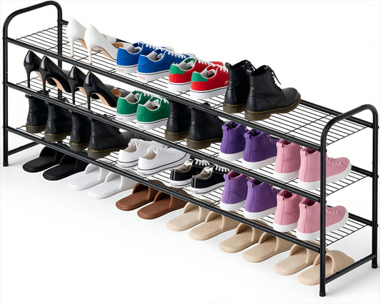 Long 3 Tier Black Metal Shoe Rack with Wire Grid Shelves