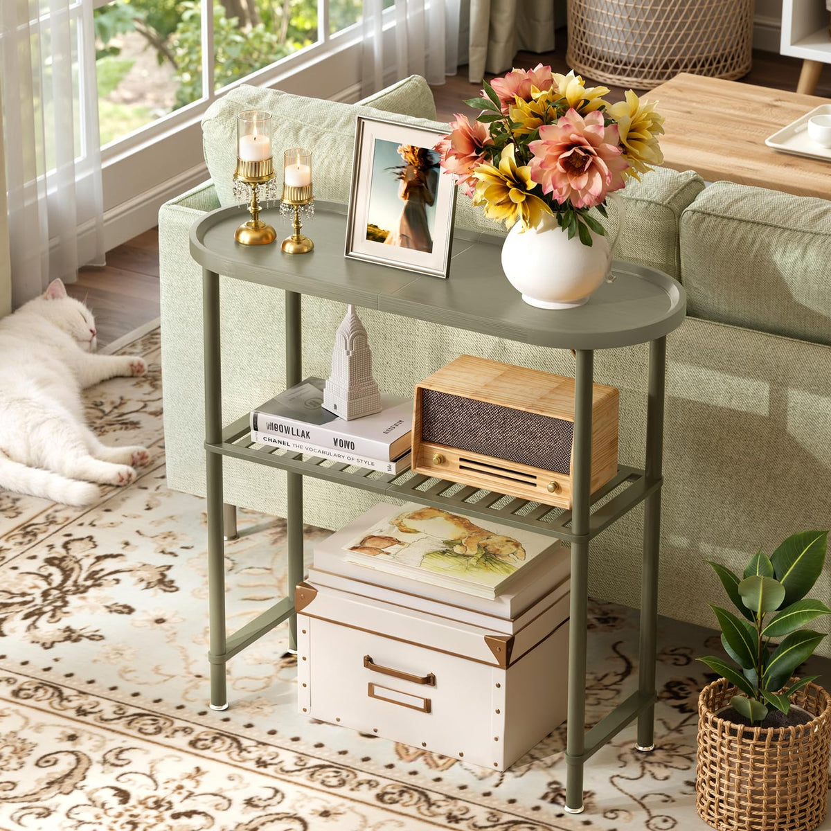 Green Bamboo Console Table, 30.7 Inch 2 Tier with Raised Edge Top