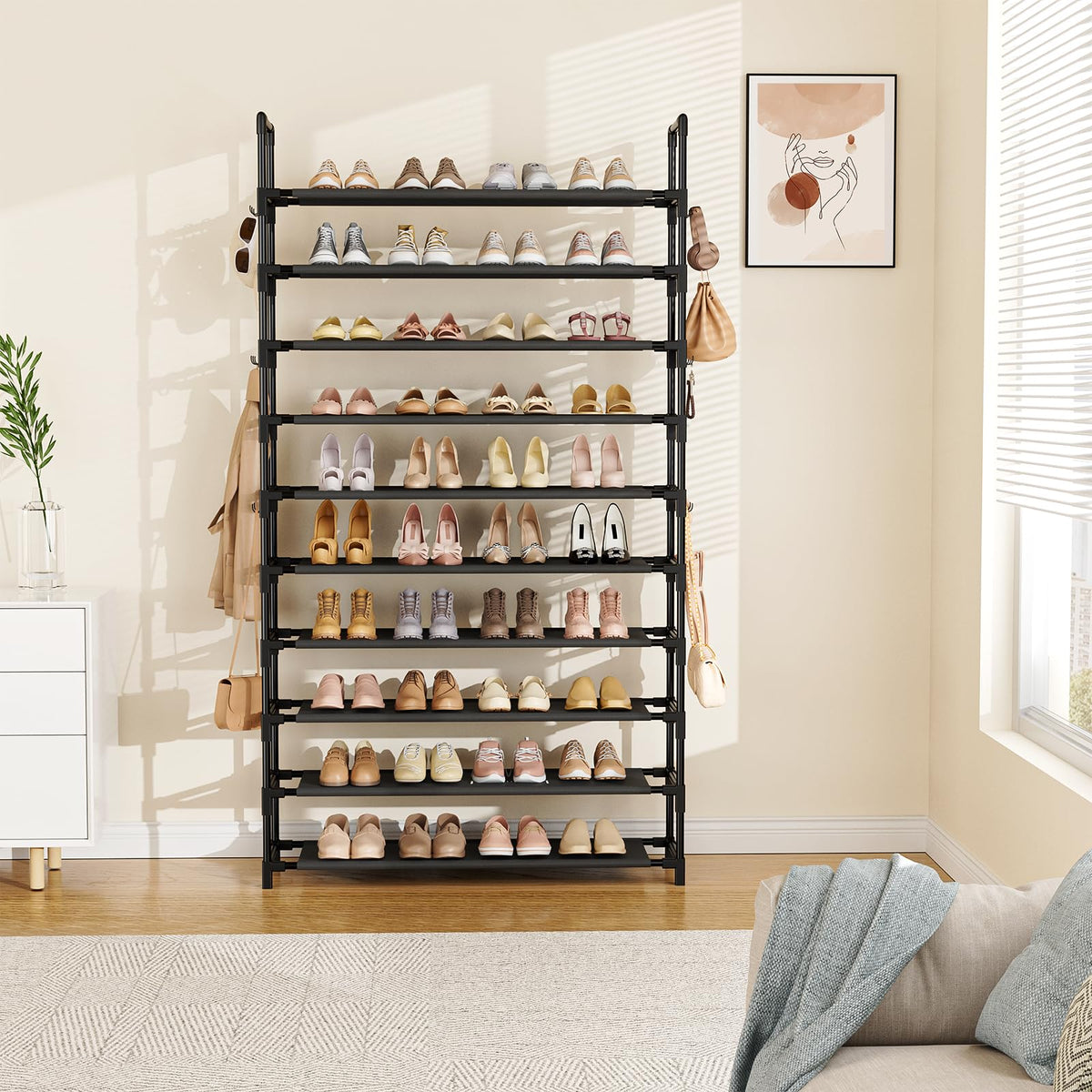 10 Tier Wide Shoe Rack with Side Hooks, 34 Inch, Black, Up to 50 Pairs