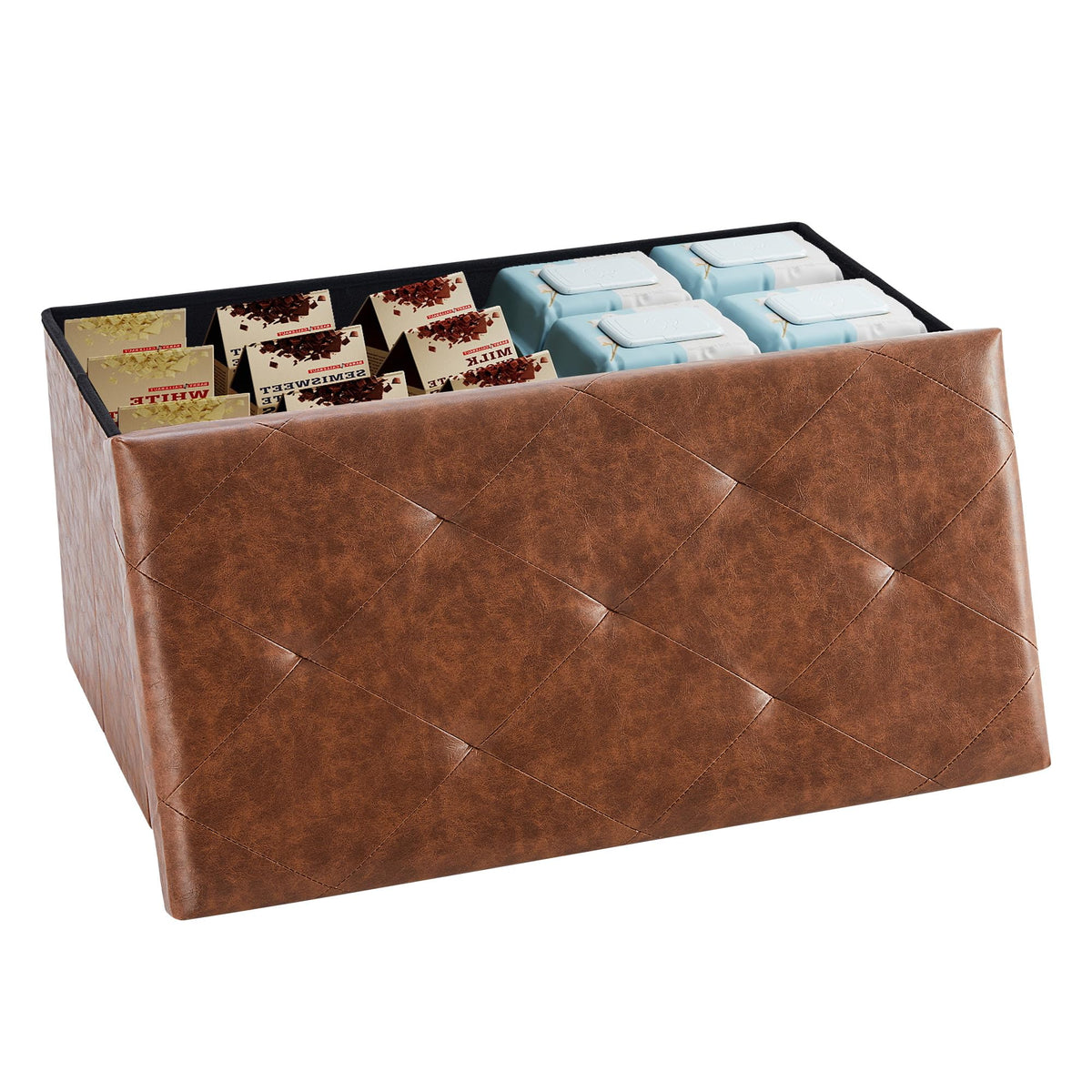 Brown Faux Leather Folding Ottoman, 30 Inch Storage Bench