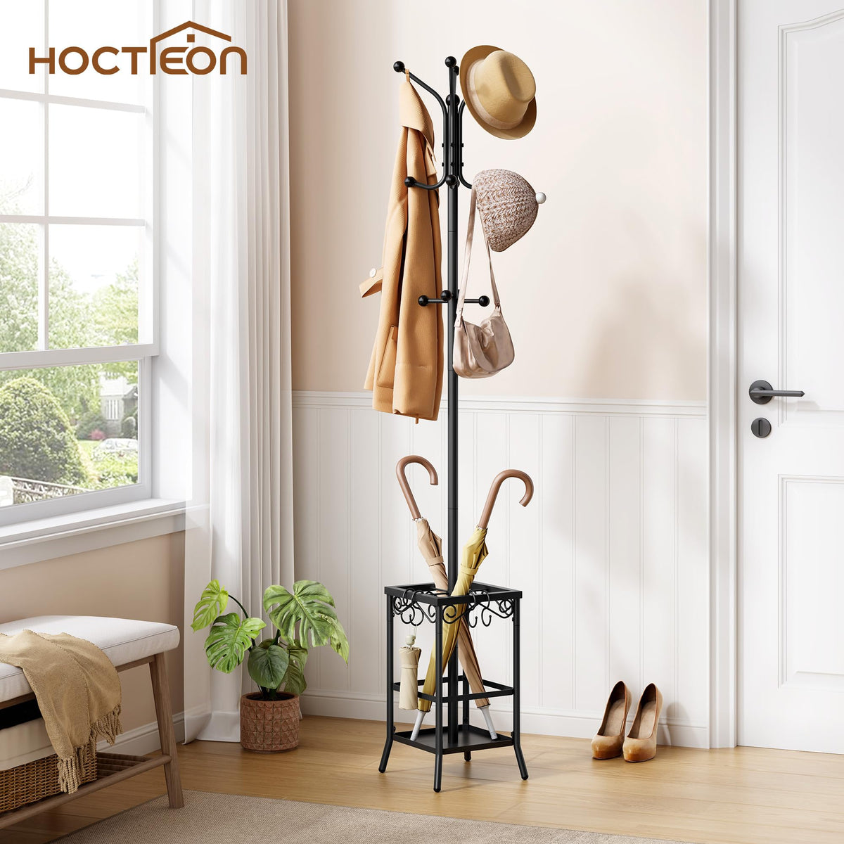 Freestanding Metal Coat Rack with 12 Hooks and Umbrella Holder, Black