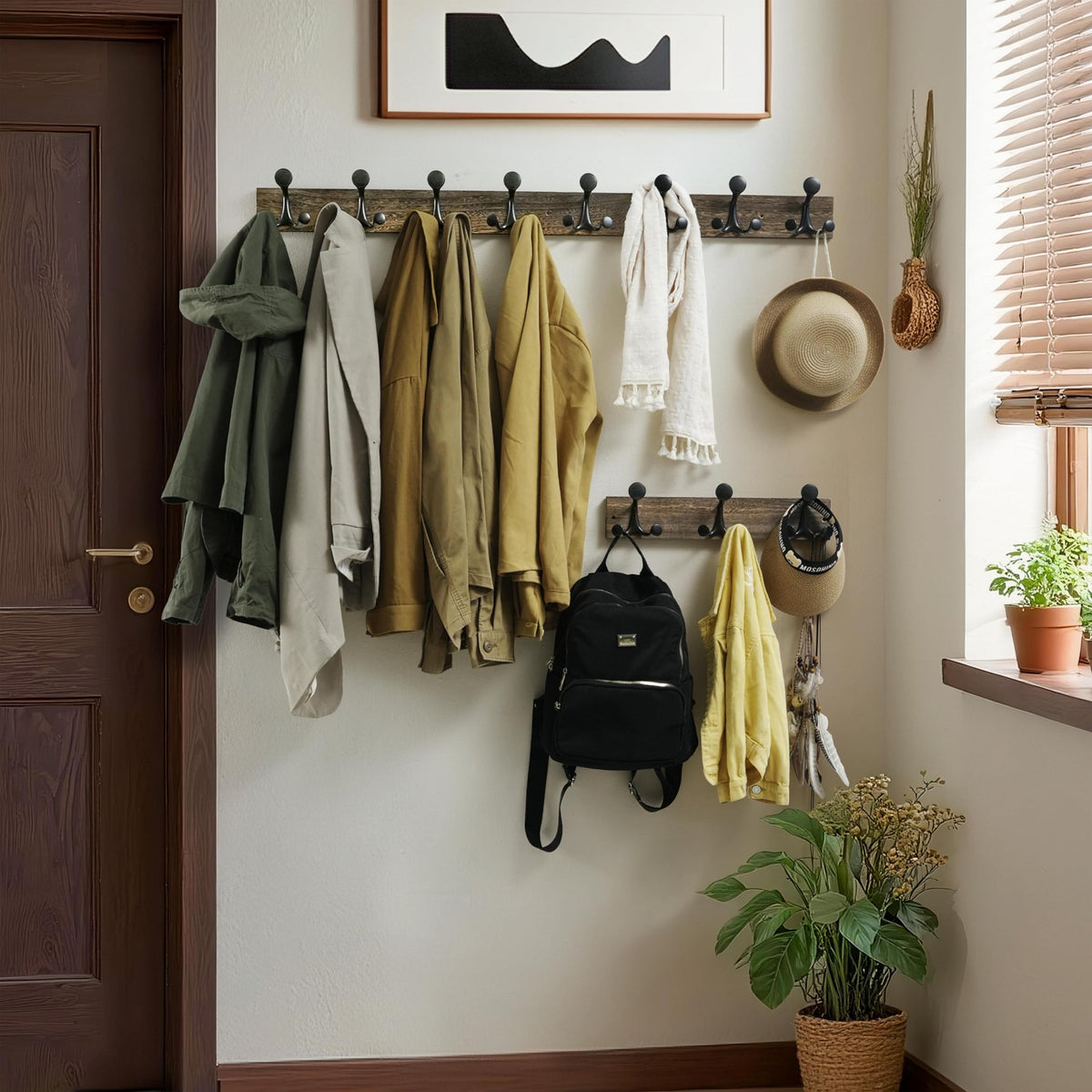 Solid Wood Wall Coat Rack, 17 Inch, 3 Triple Hooks, Weathered Brown