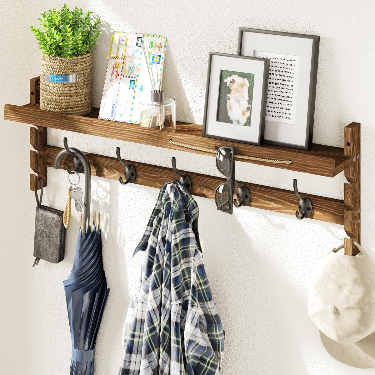 Wall Hooks with Shelf, 28.9 Inch, 5 Dual Hooks, Hat and Glasses Holder