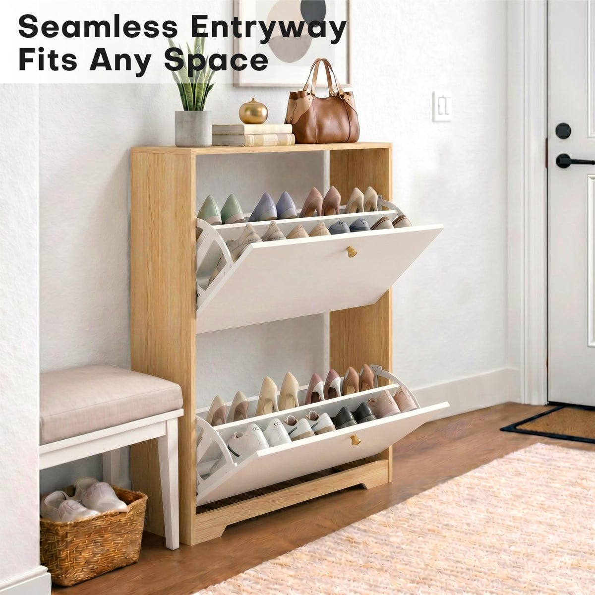 Two-Tone Shoe Storage Cabinet, 2 Flip Drawers, Oak and White