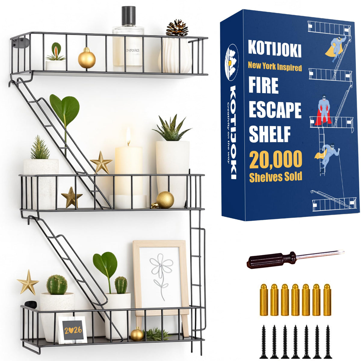 3 Tier Black Metal Wall Shelf, Fire Escape Ladder Style, 26 Inch