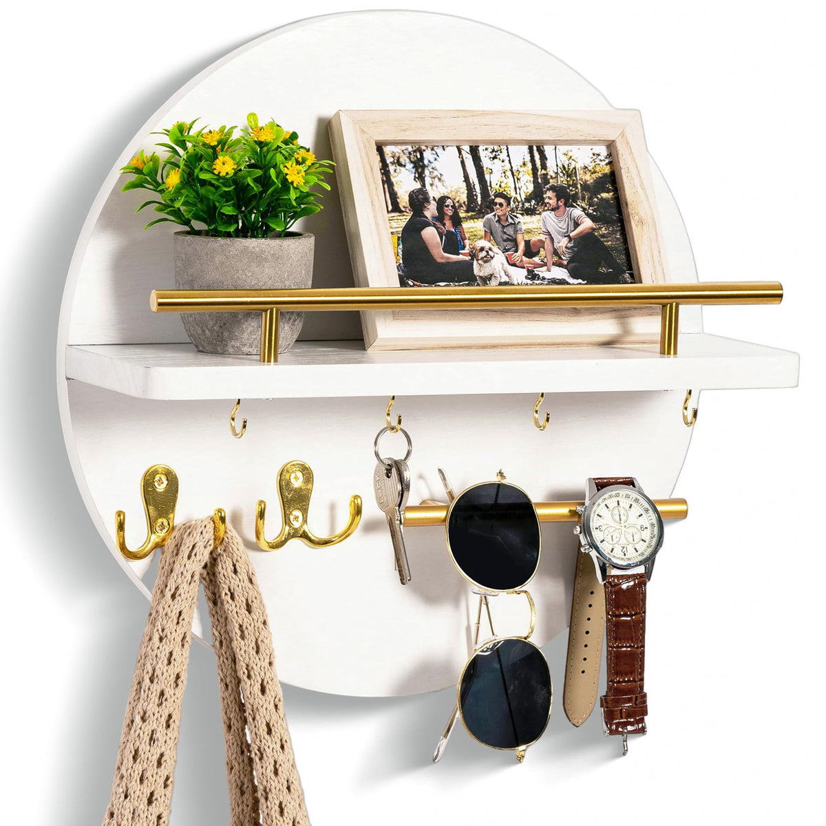 White Key Holder with Shelf and Hooks, Wall Mail Organizer