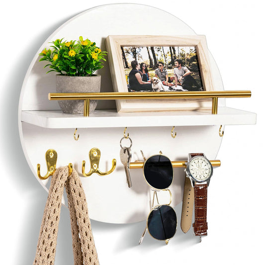 White Key Holder with Shelf and Hooks, Wall Mail Organizer