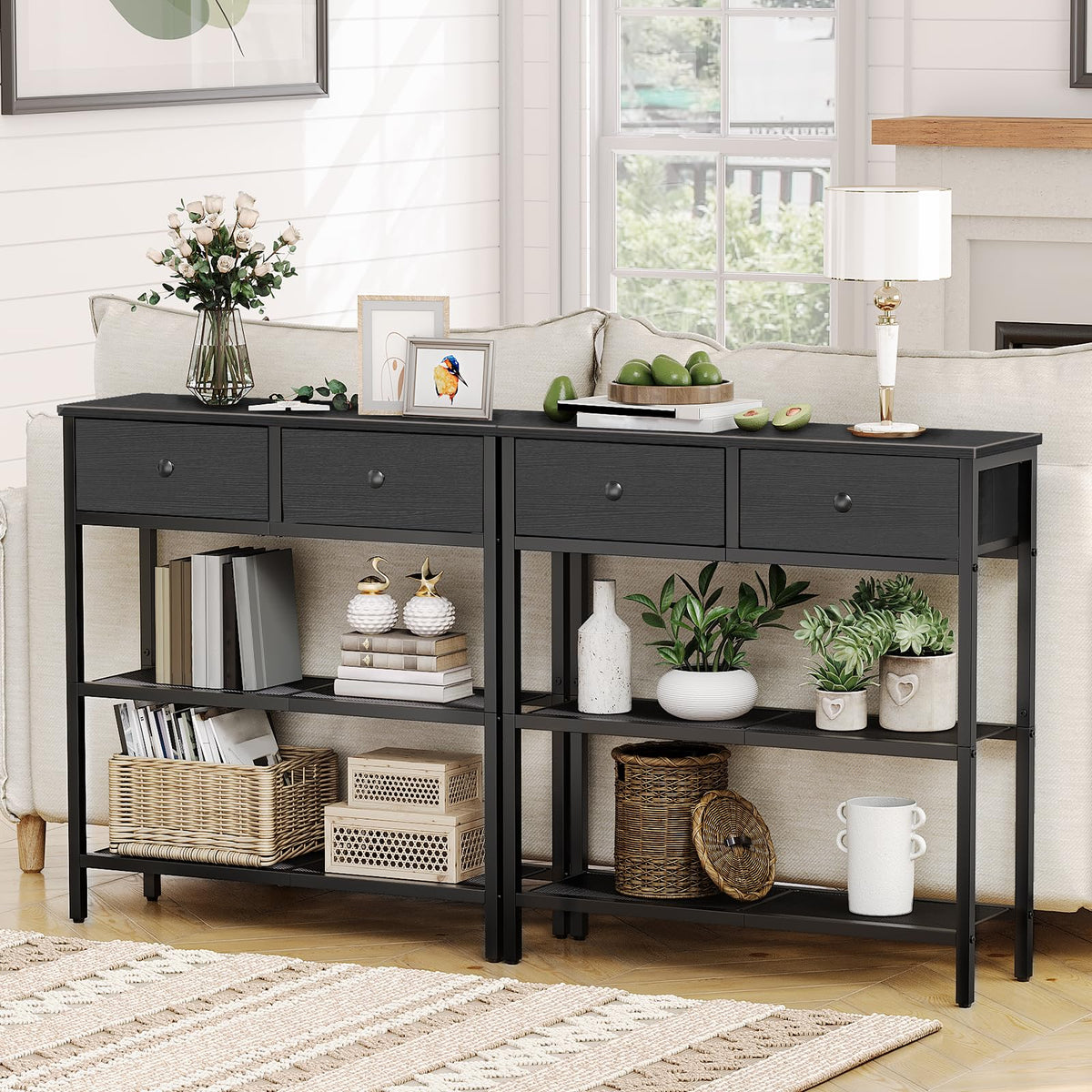 Black Narrow Console Table, 29.5 Inch, 2 Fabric Drawers and Shelves
