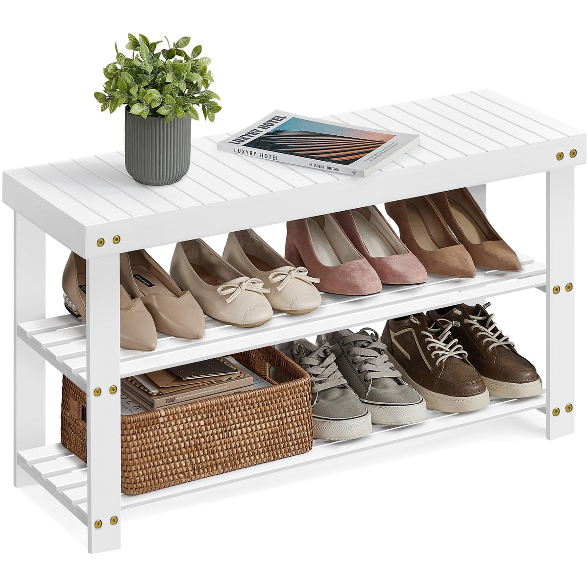 White Bamboo Shoe Rack Bench, 3 Tier, 35.4 Inch Wide