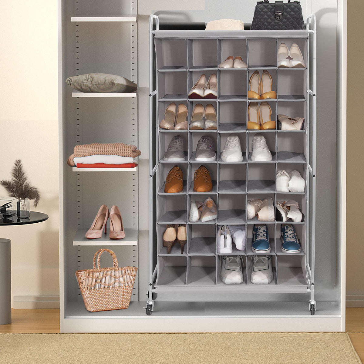 Tall Rolling Shoe Cubby Rack, 40 Cubes, Gray, Lockable Wheels