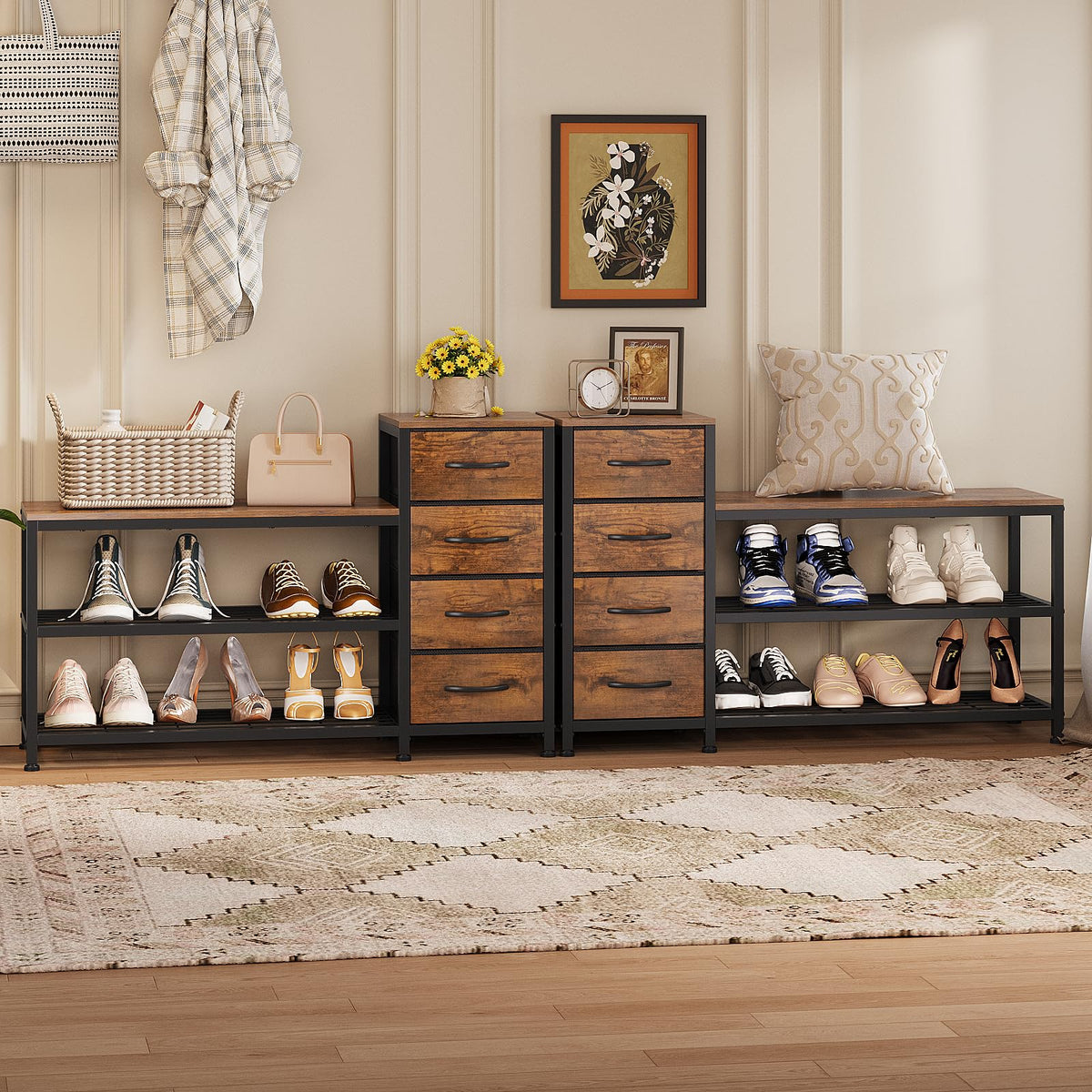 Industrial Shoe Bench with 4 Fabric Drawers, 39.4 Inch, Rustic Brown