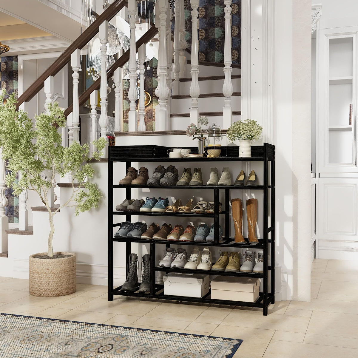 Tall Black Bamboo Shoe Rack with Top Drawer, Holds 24 to 30 Pairs