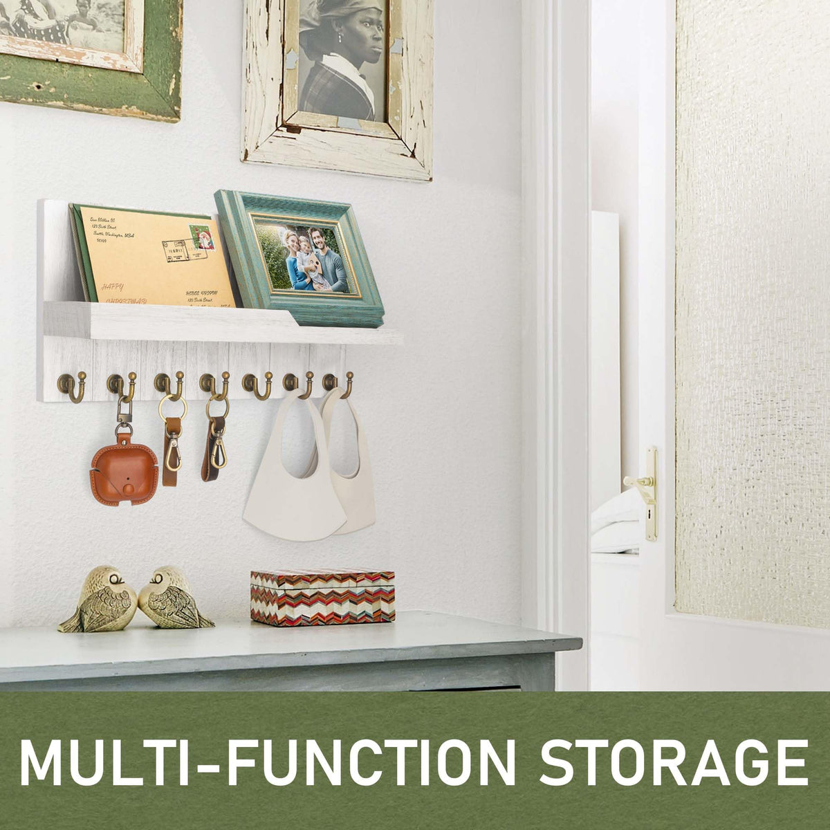White Wall Key Rack with Shelf, 7 Hooks, 15 Inch Wood