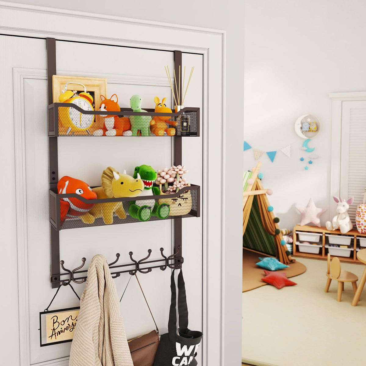 Bronze Door Hanger Organizer with 16 Hooks and 2 Baskets