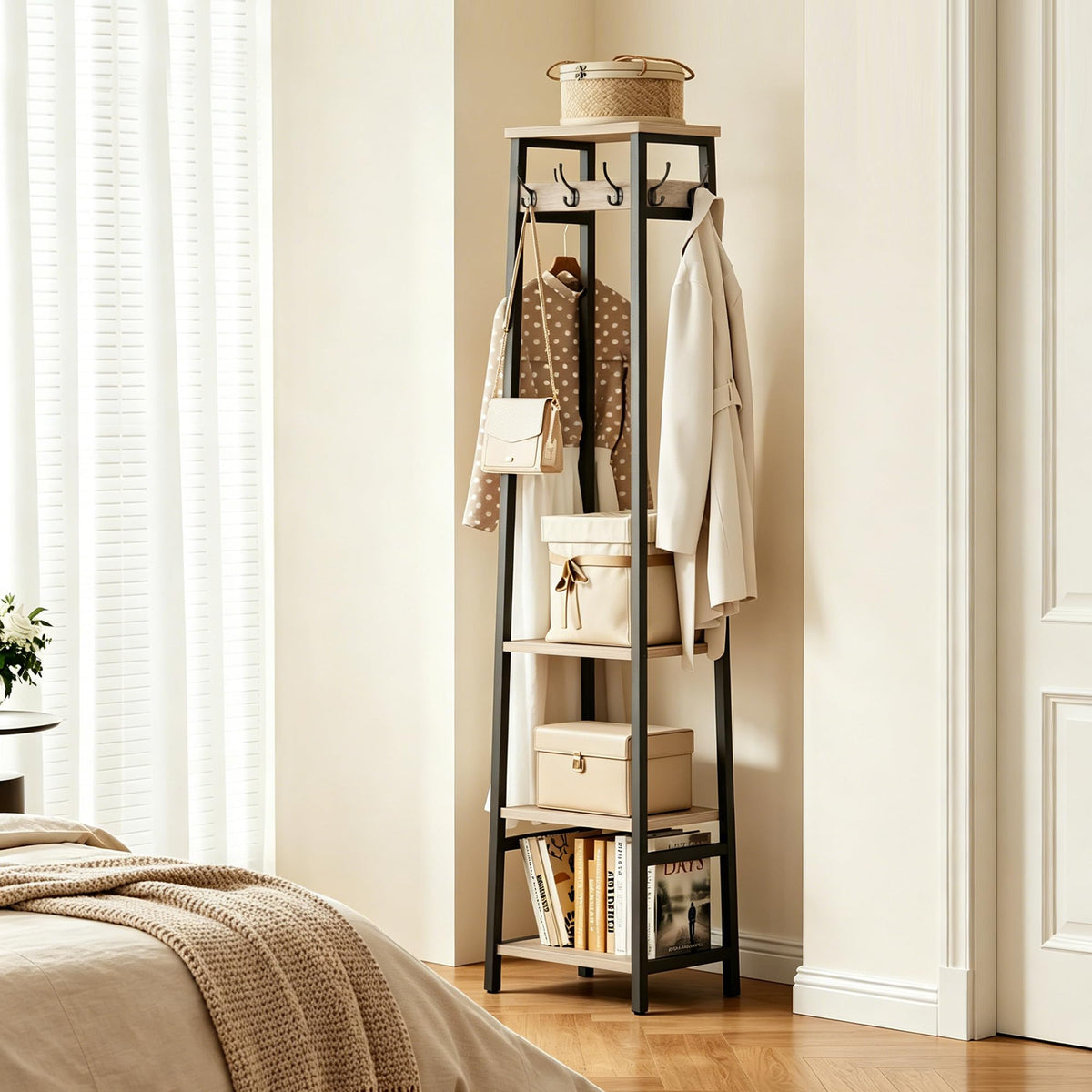 Hall Tree Coat Stand, 7 Hooks, 3 Tier Shelves, Greige and Black