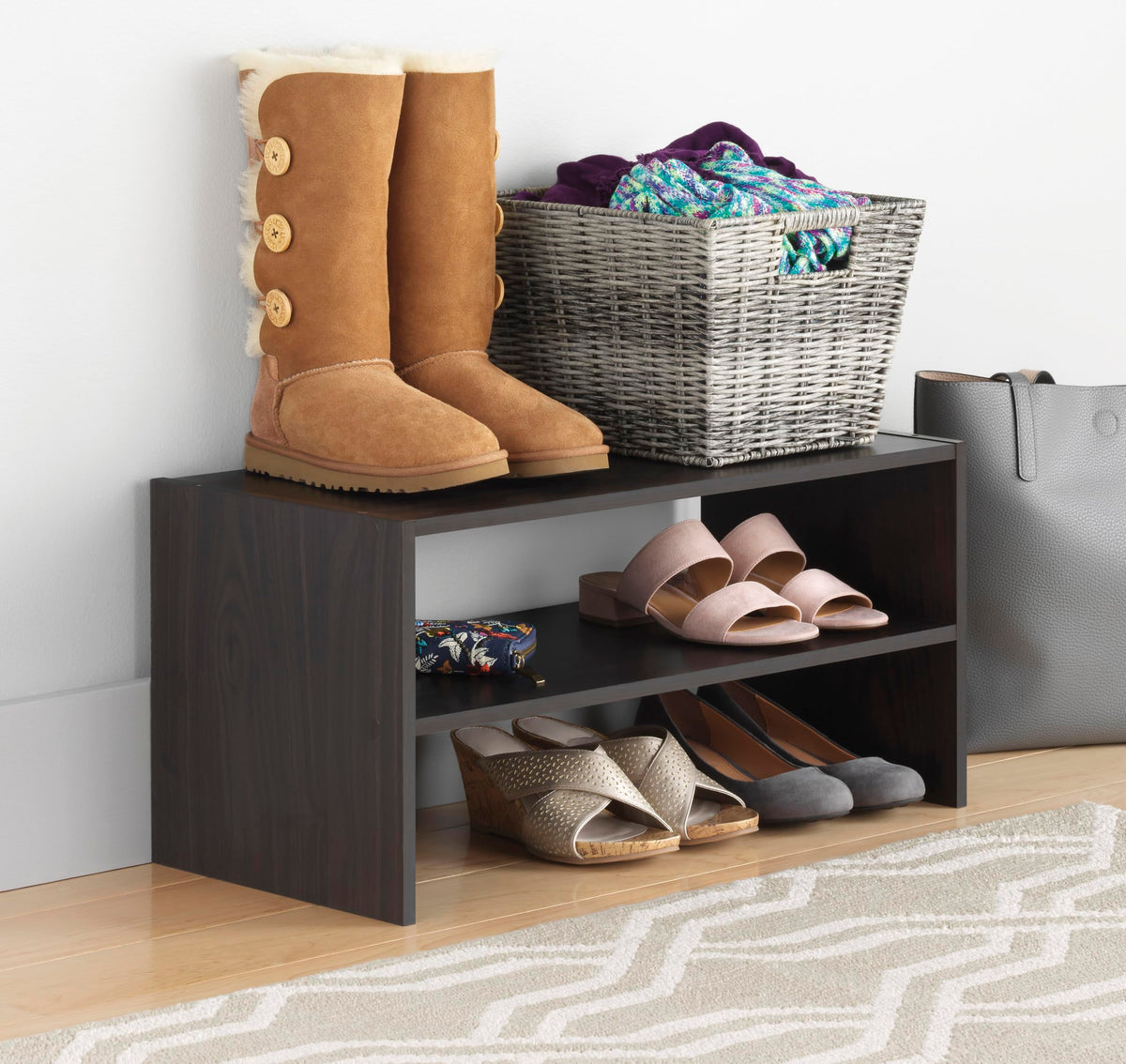 Stackable 2 Shelf Wood Shoe Rack, 24 Inch, Espresso, Holds 9 Pairs