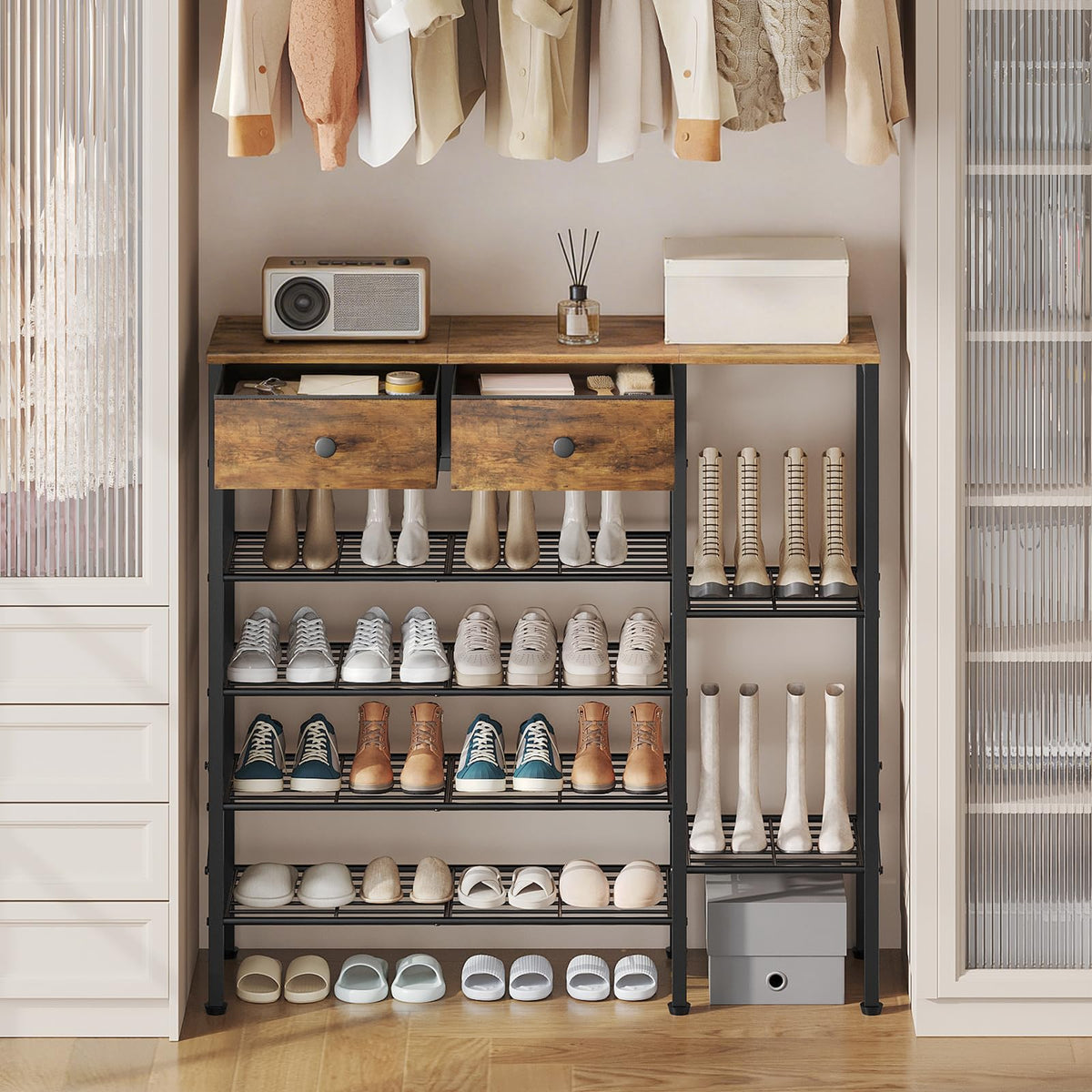 6 Tier Shoe Rack with 2 Fabric Drawers and Tabletop, Holds 26 Pairs, Brown