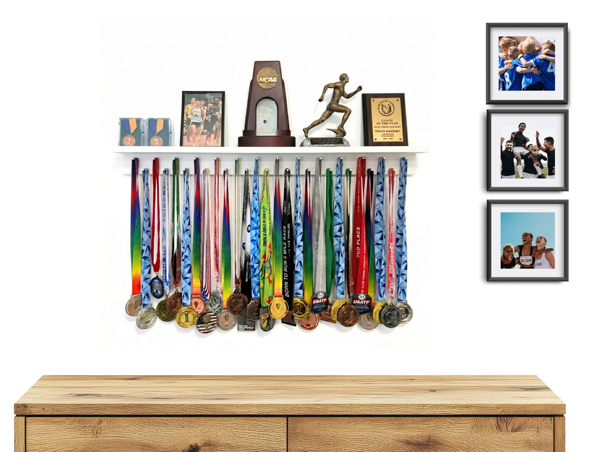 Wall Medal Display Shelf with 27 Pegs, 36 Inch Solid Wood, White