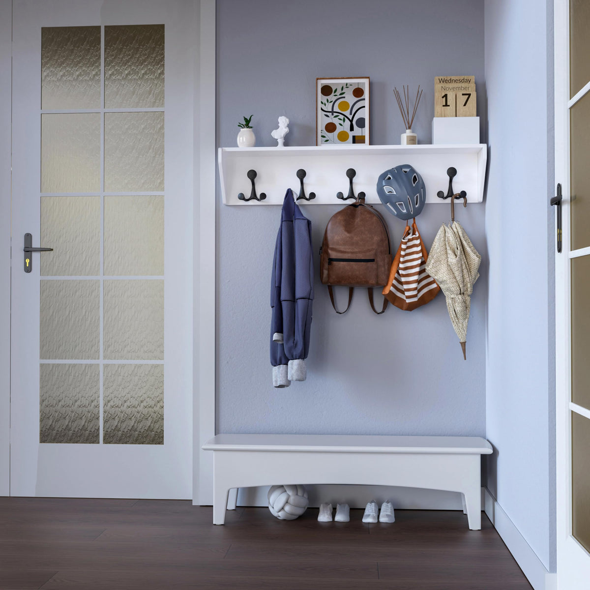 White Wall Mounted Coat Rack with Shelf, 5 Triple Hooks, 35 Inch