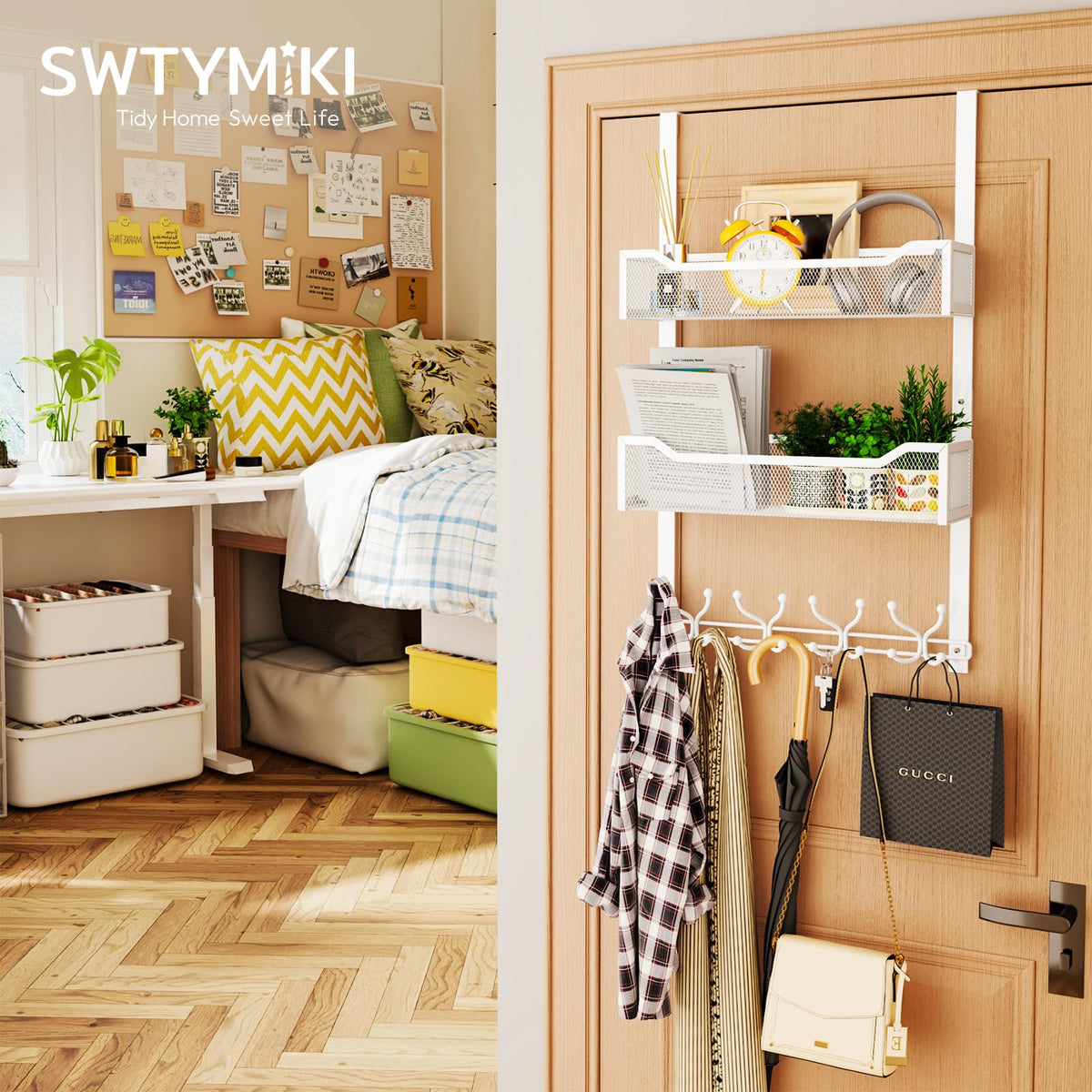 White Over the Door Rack, 16 Hooks and 2 Mesh Baskets, Steel