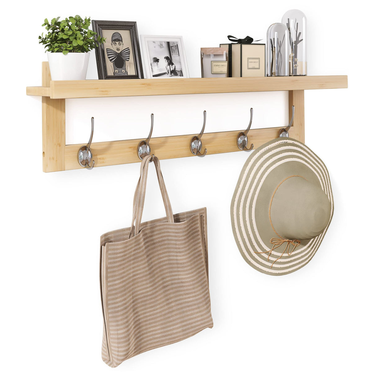 Natural Bamboo Coat Shelf with 5 Double Hooks, 29.2 Inch