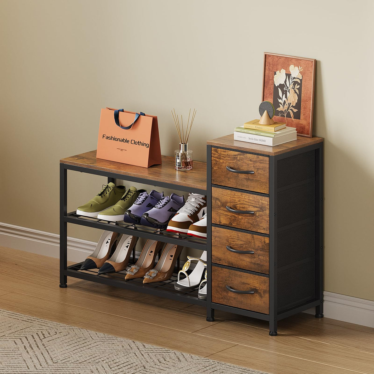 Industrial Shoe Bench with 4 Fabric Drawers, 39.4 Inch, Rustic Brown