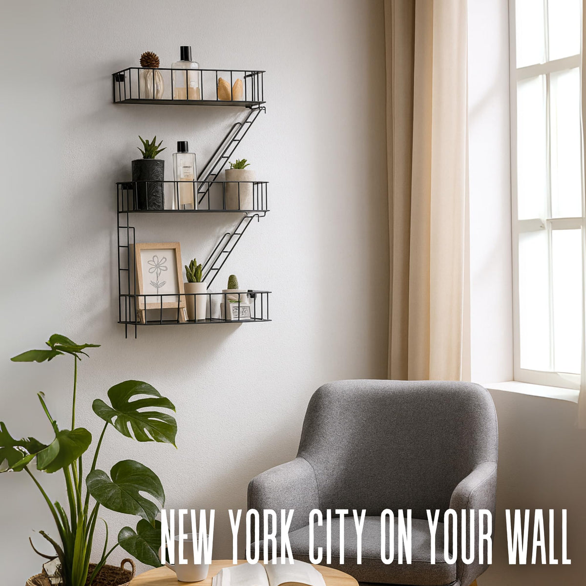 3 Tier Black Metal Wall Shelf, Fire Escape Ladder Style, 26 Inch