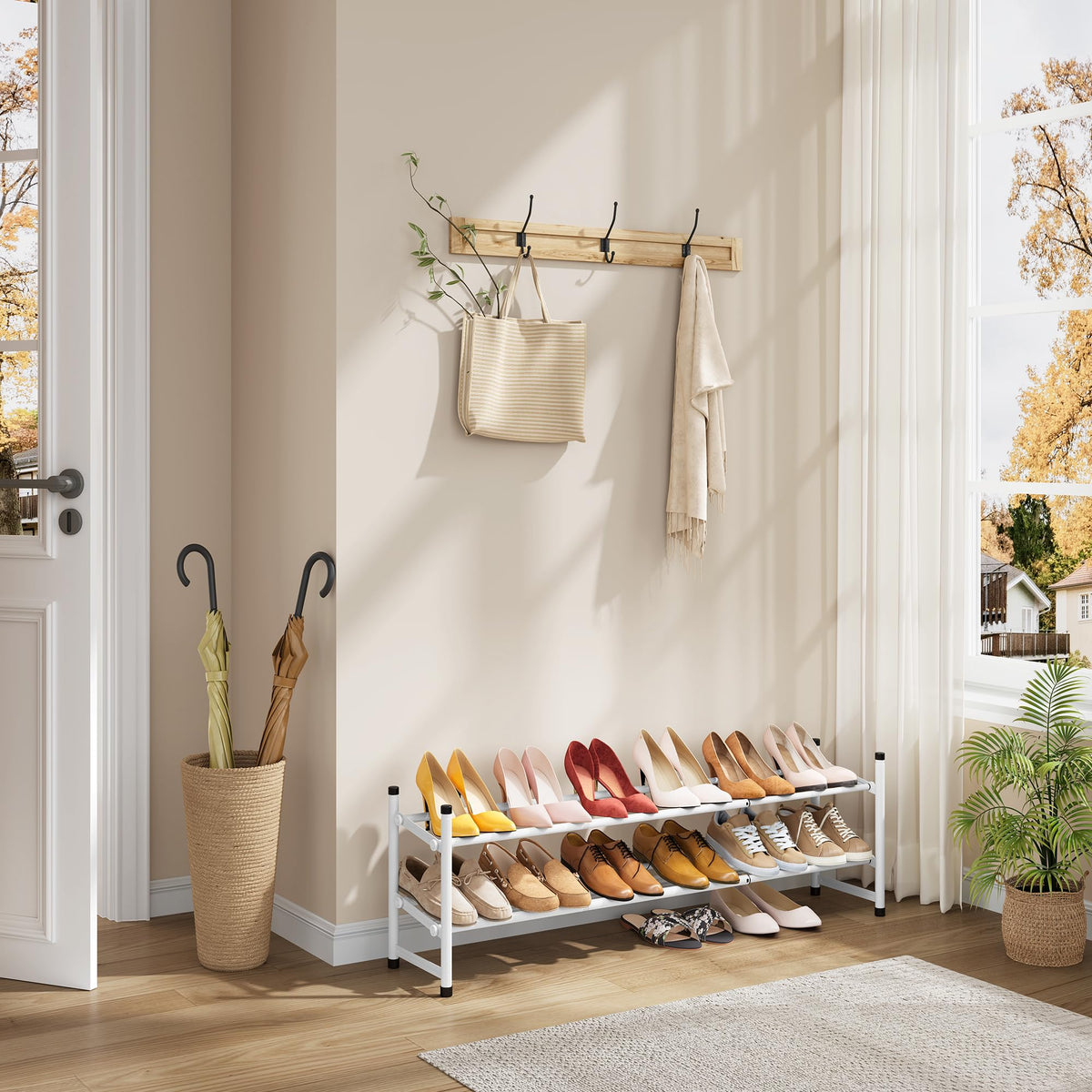 Expandable 2 Tier Shoe Rack, 28.7 to 41.7 Inch, White Metal