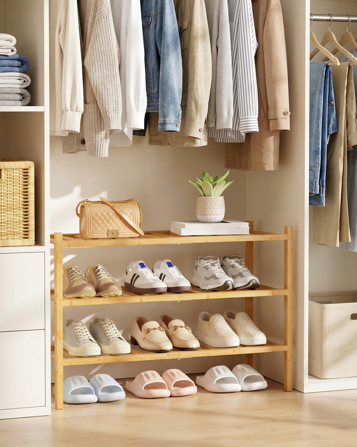 3-Tier Bamboo Shoe Rack, 26.8 Inch Wide Wooden Shoe Shelf for Closet & Entryway