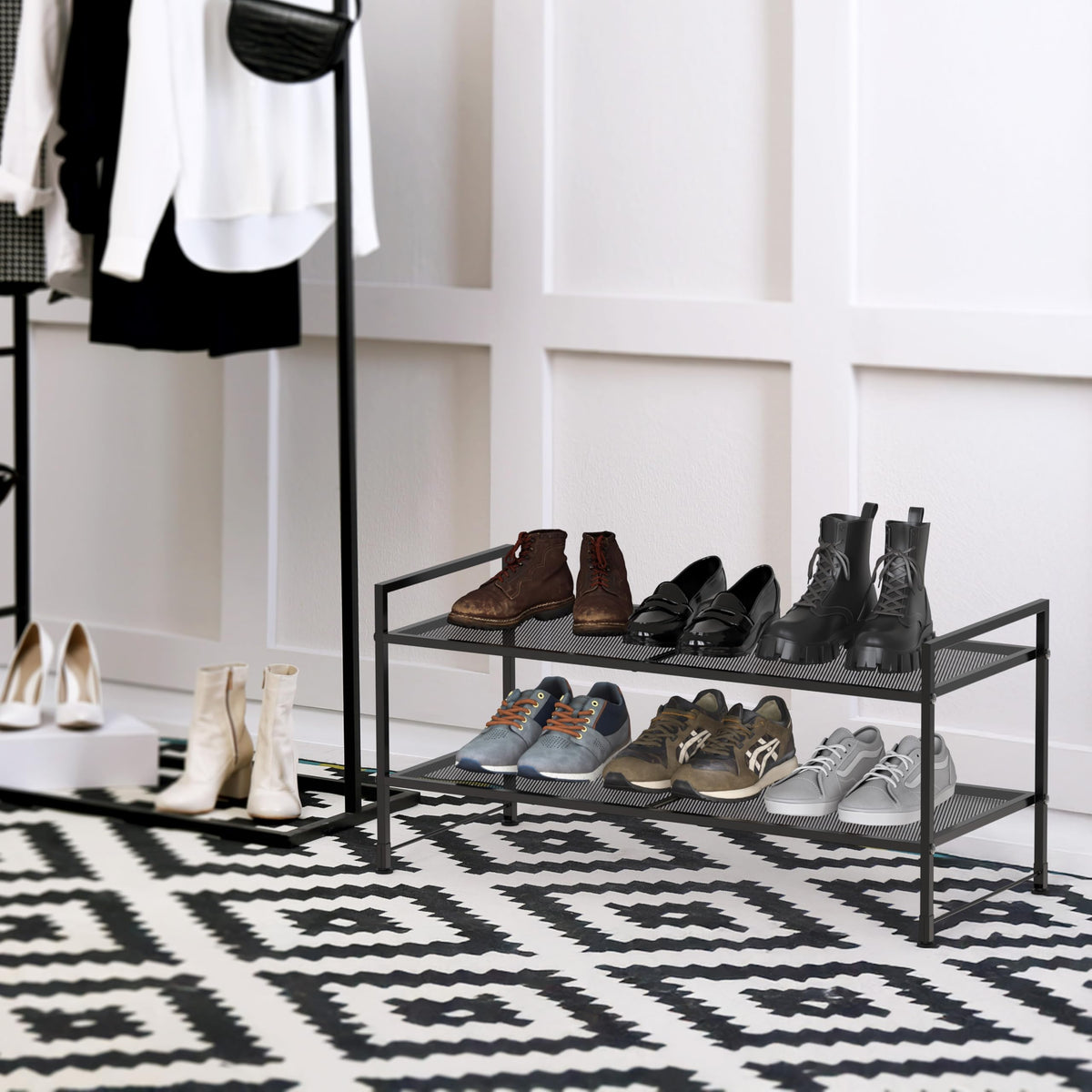 Stackable 2 Tier Mesh Shoe Shelf, 26.4 Inch, Black Metal, 6 Pairs