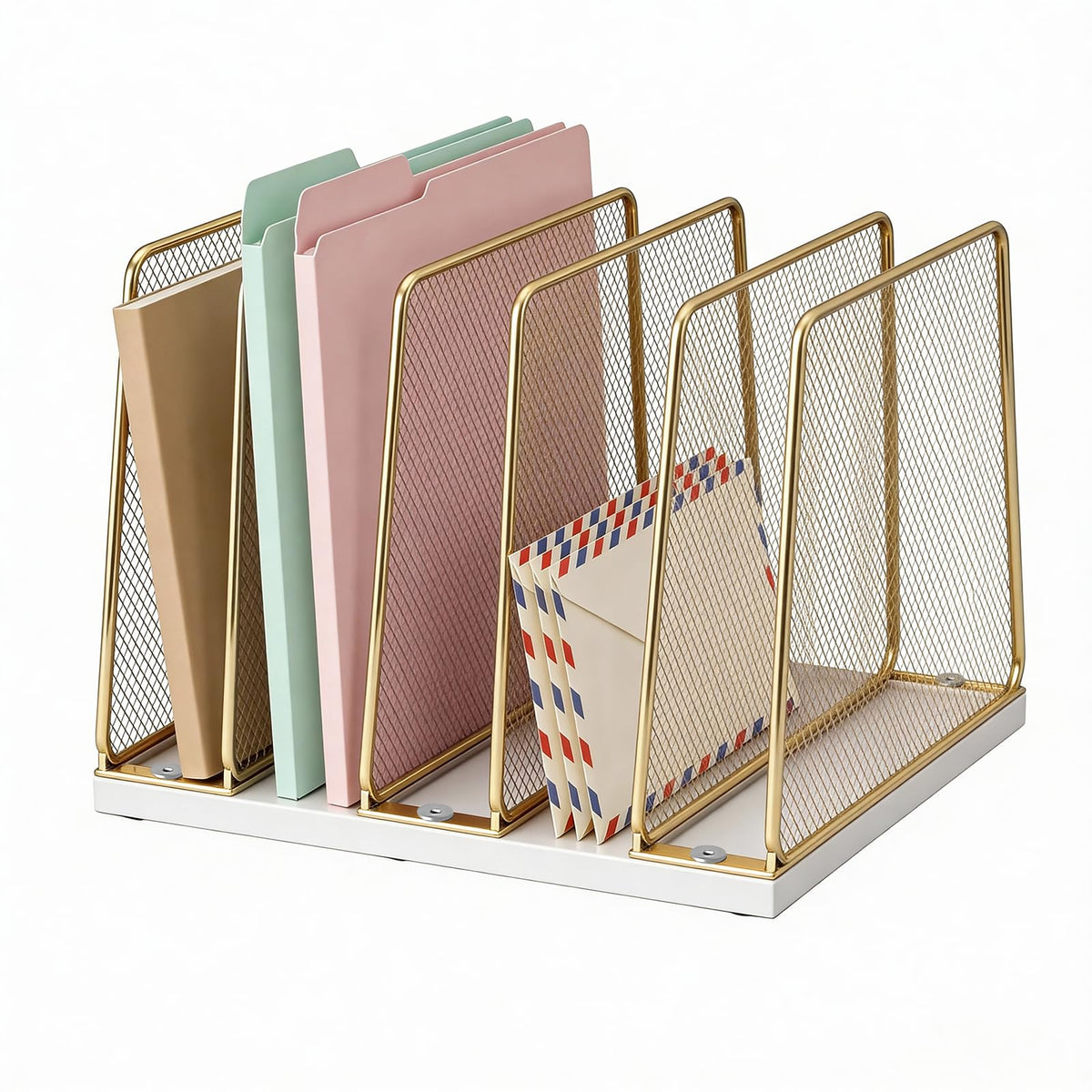 Gold Desk File Organizer, 5 Section Upright Sorter, Mesh Metal and Wood